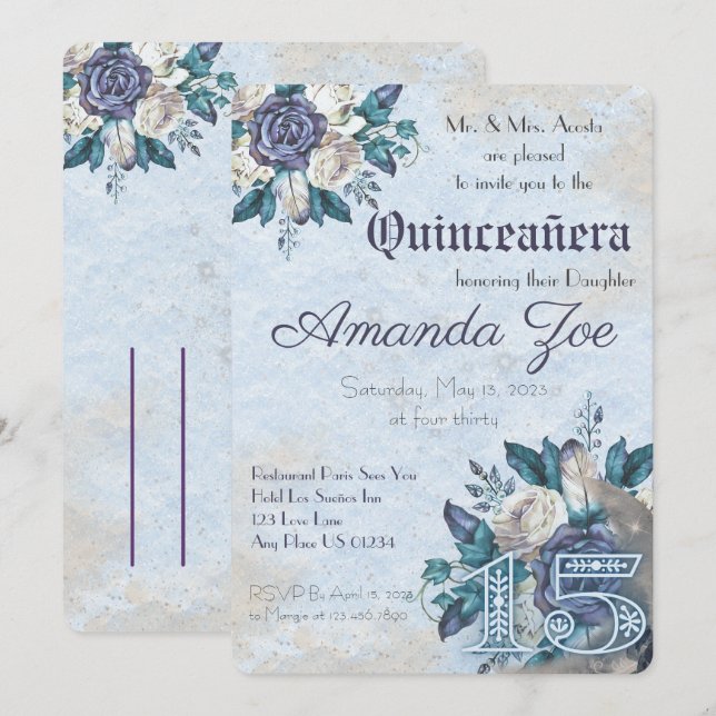 Mis Quince Dusty Blue Floral invitation (Front/Back)