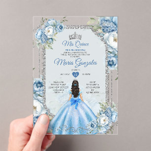 Mis Quince Dusty Blue & Silver Floral Quinceañera Acrylic Invitations