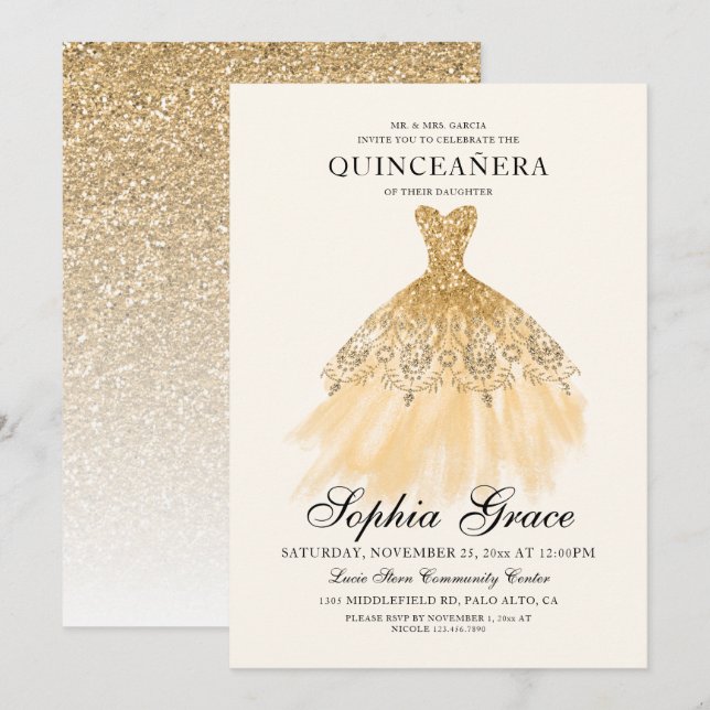 Mis Quince Elegant Faux Gold Glitter Quinceañera Invitation (Front/Back)