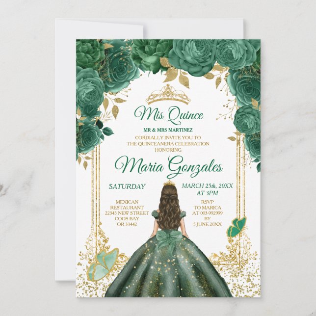 Mis Quince Emerald Green Butterfly Gold Crown Invitation (Front)