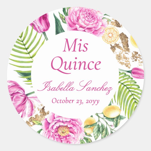 Mis Quince Floral Pink Peonies Lemons Quinceañera  Classic Round Sticker (Front)
