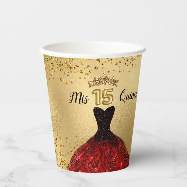 Mis Quince Gold Glitter Burgundy Dress Quinceanera Paper Cups (Front)