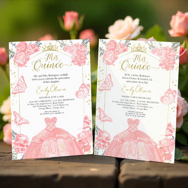 Mis Quince Invitation Bilingual Pink Dress Floral (Creator Uploaded)