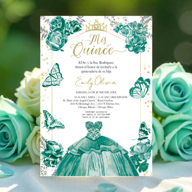 Mis Quince Invitation Spanish Emerald Green Dress (Creator Uploaded)