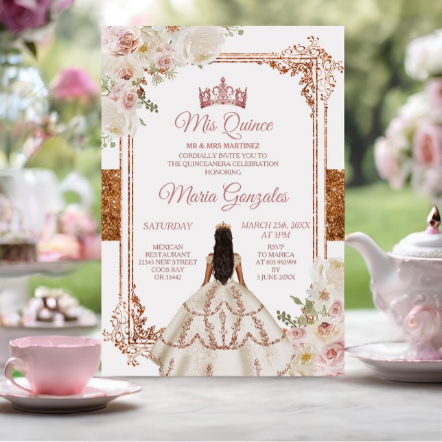 Mis Quince Ivory Cooper Floral Birthday Crown Invitation (Creator Uploaded)