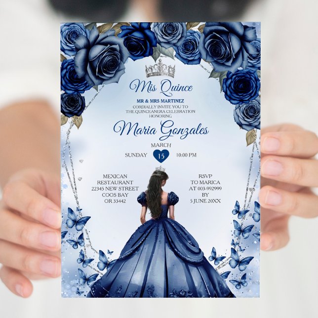 Mis Quince Navy Blue Floral Crown Quinceañera Invitation (Creator Uploaded)