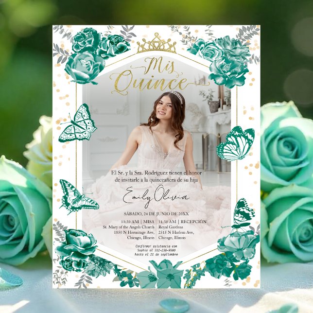 Mis Quince Photo Budget Invitation Spanish Green (Creator Uploaded)