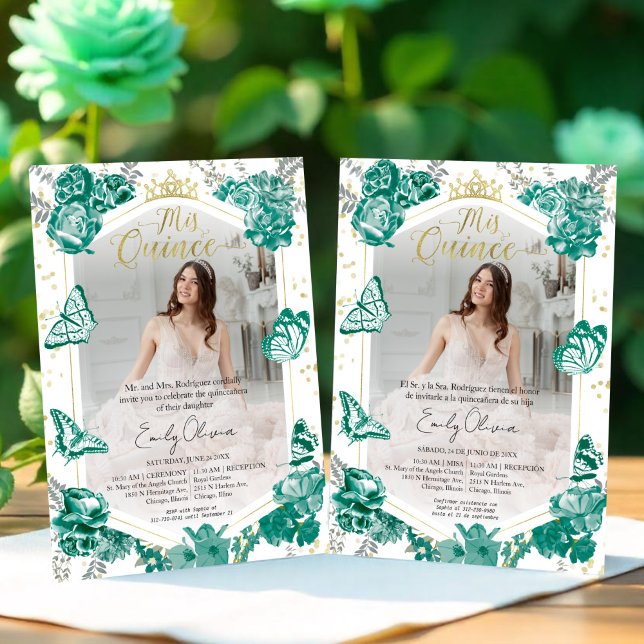 Mis Quince Photo Invitation Bilingual butterfly (Creator Uploaded)
