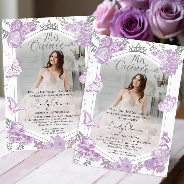 Mis Quince Photo Invitation Bilingual Lavender (Creator Uploaded)