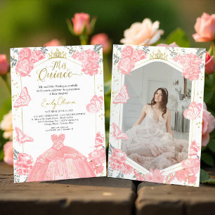 Mis Quince Photo Invitation Pink Floral Gold Foil
