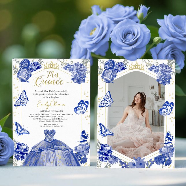 Mis Quince Photo Invitation Royal Blue Floral Gold (Creator Uploaded)