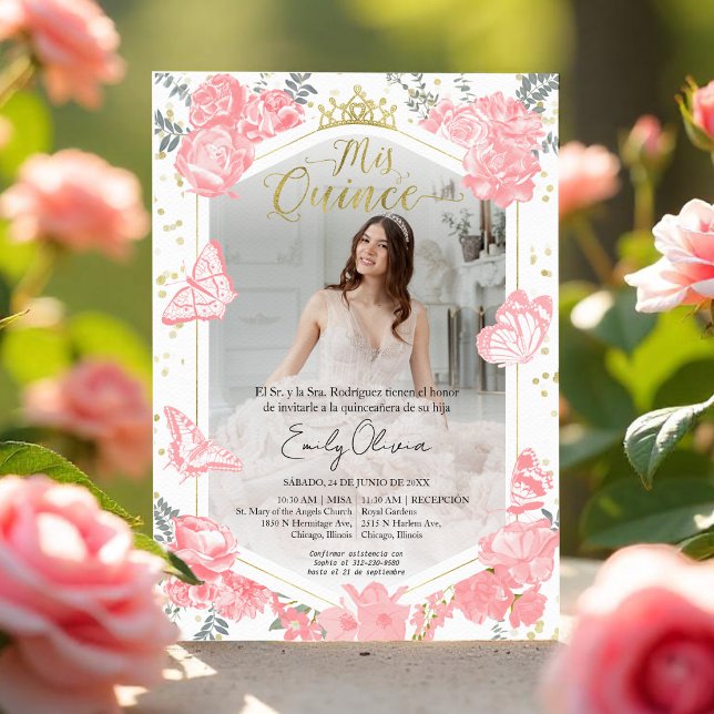 Mis Quince Photo Invitation Spanish Pink Floral (Creator Uploaded)