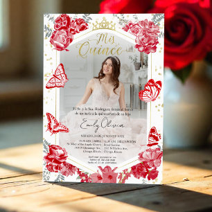 Mis Quince Photo Invitation Spanish Red Floral
