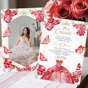 Mis Quince Photo Invitation Spanish Red Floral