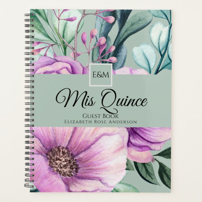 Mis QUINCE Purple Floral Quinceanera GUESTBOOK NEW Planner (Front)
