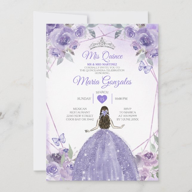 Mis Quince Purple Lavender 15 Anos Silver Crown Invitation (Front)