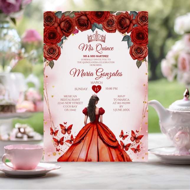 Mis Quince Red Roses 15 Anos Crown Quinceañera Invitation (Creator Uploaded)