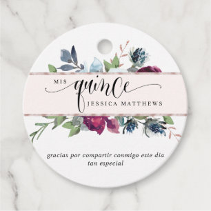 Mis Quince Rose Gold Berry, Burgundy, Blue Floral Favour Tags