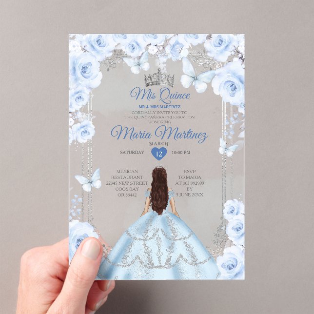 Mis Quince Soft Blue & Silver Floral Quinceañera Acrylic Invitations (Insitu (Handheld))