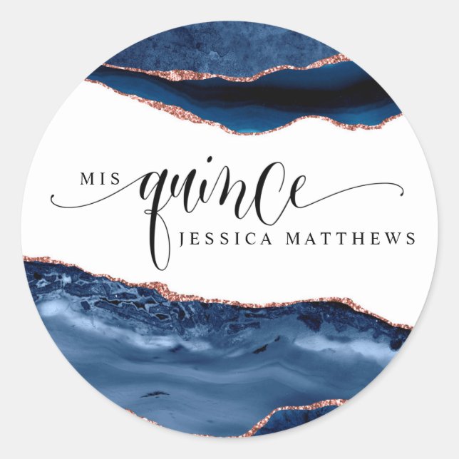 Mis Quince, Spanish, Blue and Rose Gold Agate Classic Round Sticker (Front)