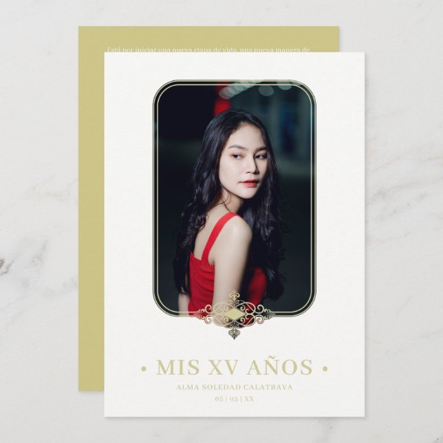 Mis XV Lace Flourish Golden Effect Photo Spanish Invitation (Front/Back)