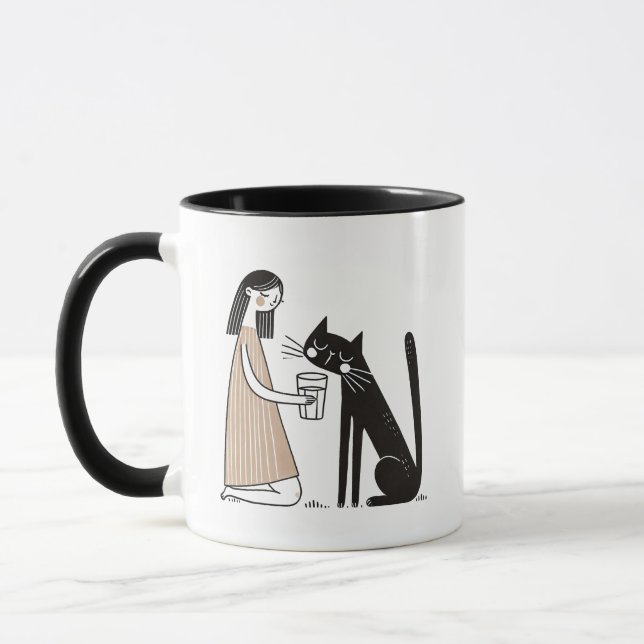 Mischievous Black Cat Drinking from Human's Glass Mug (Left)