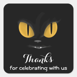 Mischievous Black Cat with Fangs Thanks Square Sticker