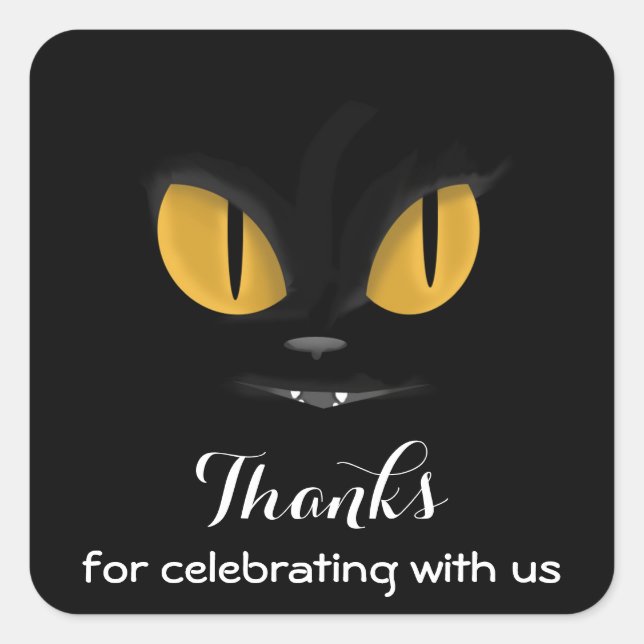 Mischievous Black Cat with Fangs Thanks Square Sticker (Front)