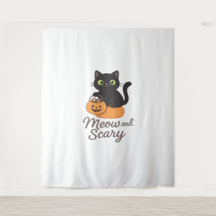 Mischievous Black Cat with Glowing Green Eyes on P Tapestry