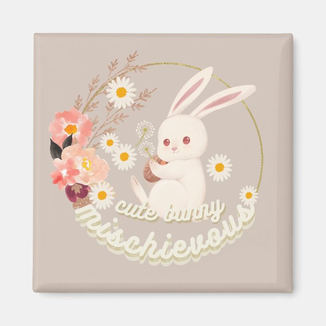 Mischievous Cute Bunny and Flower  Magnet (Front)