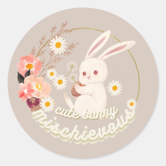 Mischievous Cute Bunny Ceramic  Classic Round Sticker (Front)
