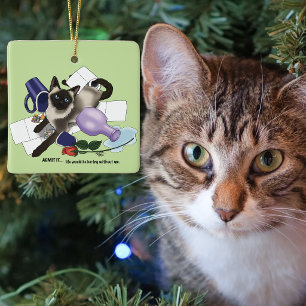 Mischievous Green Cheeky Siamese Cat Funny Ceramic Ornament