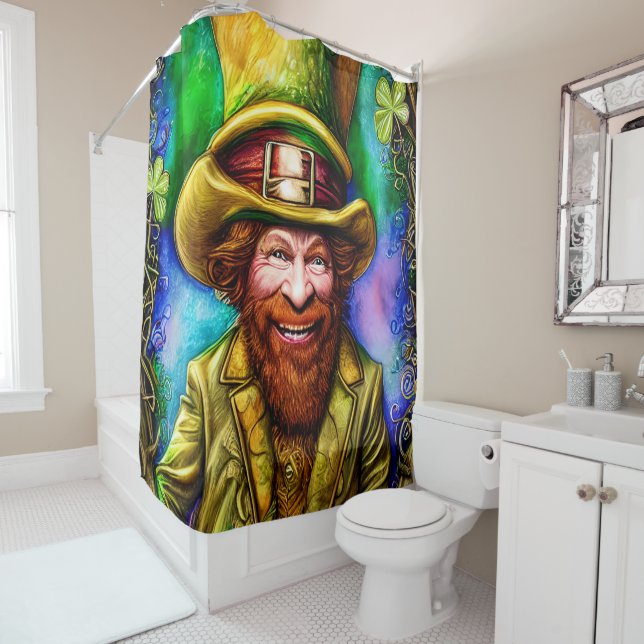 Mischievous Green Leprechaun with Clover Shower Curtain (In Situ)