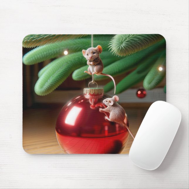 Mischievous Mice On a Christmas Ornament Mouse Mat (With Mouse)