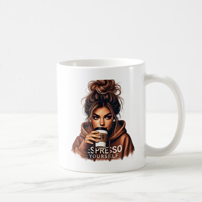 Mischievous Smirk - Stylish Girl Sipping Coffee Coffee Mug (Right)