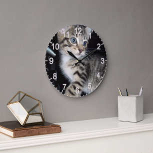 Mischievous Tabby Kitten, Large Clock