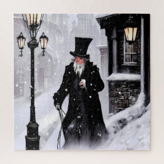 Miserly Ebenezer Scrooge Snowy Victorian Street Jigsaw Puzzle