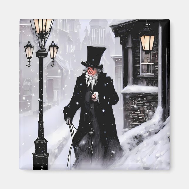 Miserly Ebenezer Scrooge Snowy Victorian Street Magnet (Front)