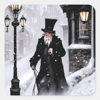 Miserly Ebenezer Scrooge Snowy Victorian Street Square Sticker