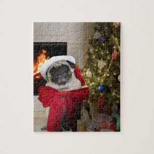 Misha pug wearing a bow for the Christmas holiday. Jigsaw Puzzle