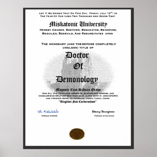 Miskatonic University Doctor of Demonolgy Poster (Front)