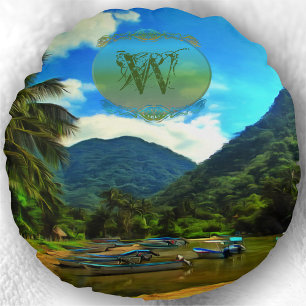 Mismaloya River Fishing Boats 0344 Round Cushion