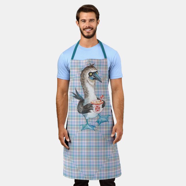 Mismatched Blue Pink Purple Plaid Cheeky Penguin Apron (Worn)