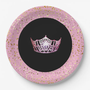 Miss America Crown Paper Plates-Golden Stars PInk Paper Plate
