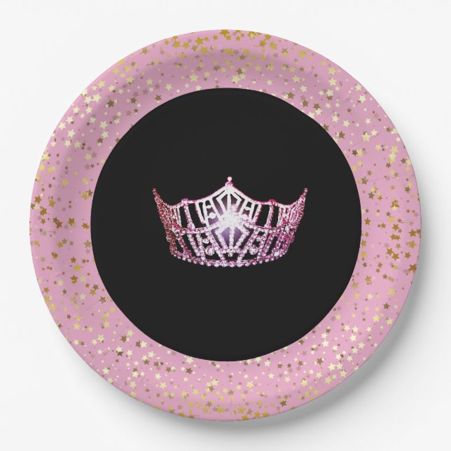 Miss America Crown Paper Plates-Golden Stars PInk Paper Plate (Front)