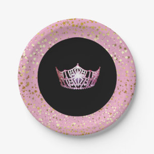 Miss America Crown Paper Plates-Golden Stars PInk Paper Plate