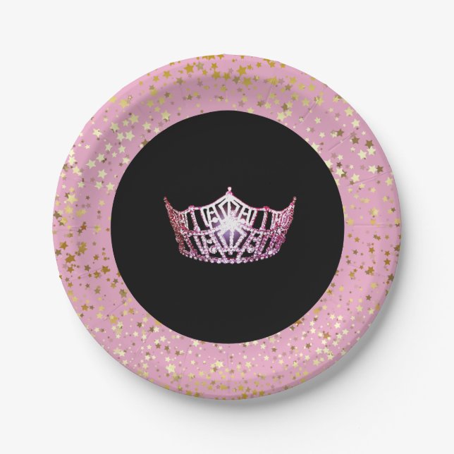 Miss America Crown Paper Plates-Golden Stars PInk Paper Plate (Front)