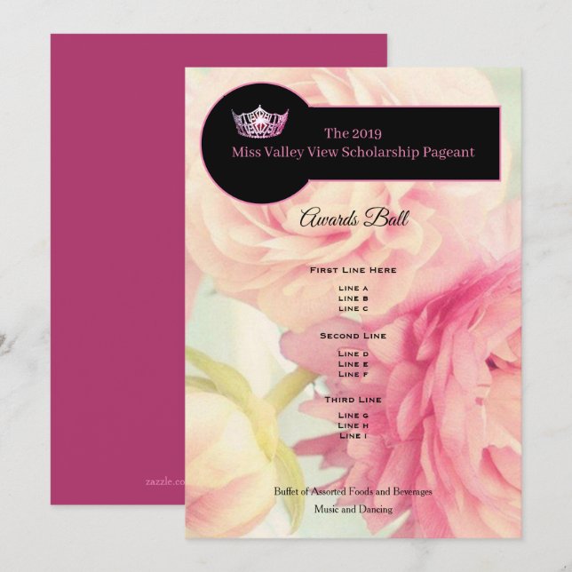 Miss America Crown Peonies Awards Ball Program Invitation (Front/Back)