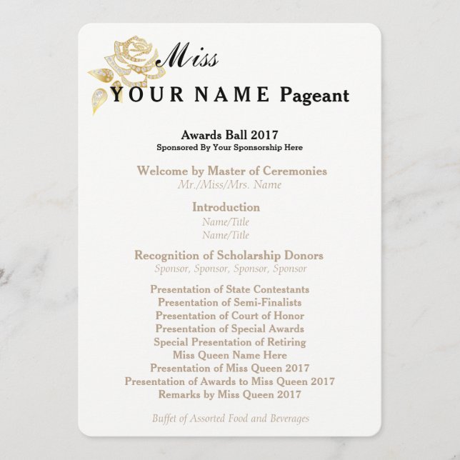 Miss America Gold Rose Awards Ball Program Card (Front)