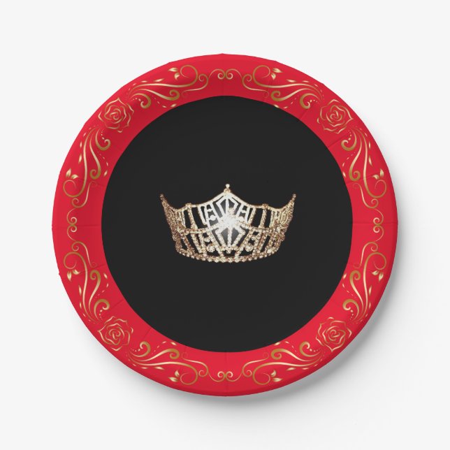 Miss America Red Gold Crown 7" Paper Plates (Front)